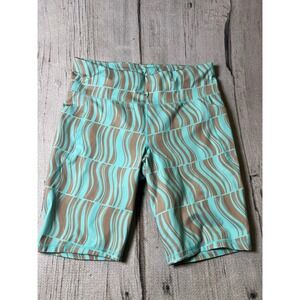 Ideology Biker Shorts Womens 1X Teal Brown Abstract Wave Athletic Gym Active